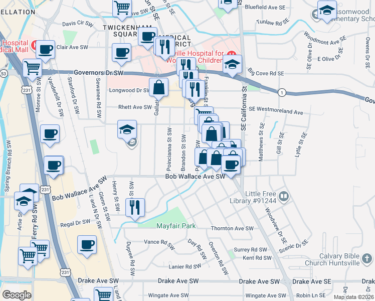 map of restaurants, bars, coffee shops, grocery stores, and more near 2325 Brandon Street Southwest in Huntsville