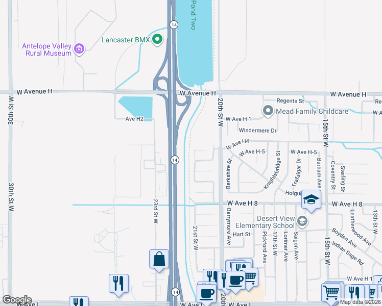map of restaurants, bars, coffee shops, grocery stores, and more near 45749 21st Street West in Lancaster