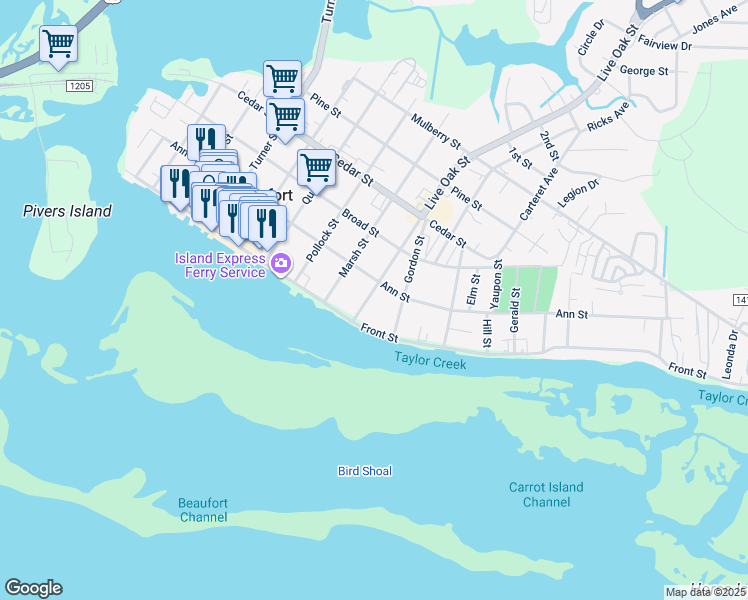 map of restaurants, bars, coffee shops, grocery stores, and more near 110 Live Oak Street in Beaufort