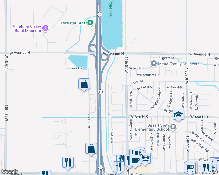 map of restaurants, bars, coffee shops, grocery stores, and more near 45749 21st Street West in Lancaster