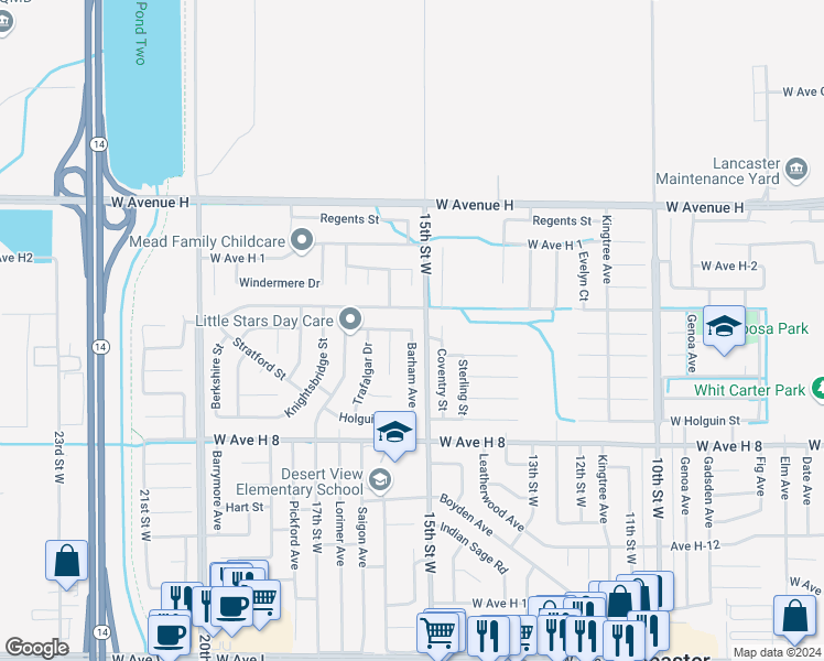 map of restaurants, bars, coffee shops, grocery stores, and more near 812 Avenue H-5 in Lancaster