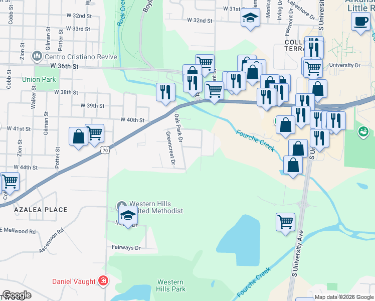 map of restaurants, bars, coffee shops, grocery stores, and more near 601 Oak Park Drive in Little Rock