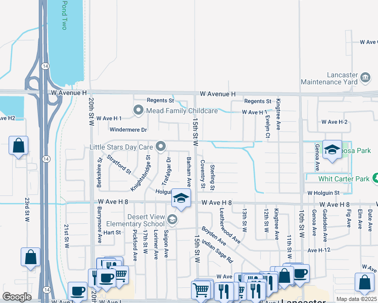 map of restaurants, bars, coffee shops, grocery stores, and more near 818 Avenue H-5 in Lancaster