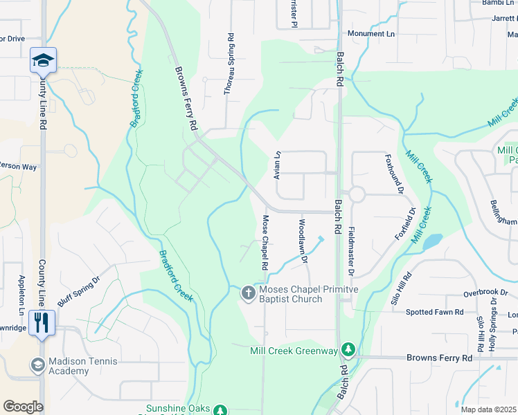 map of restaurants, bars, coffee shops, grocery stores, and more near 1052 Browns Ferry Road in Madison
