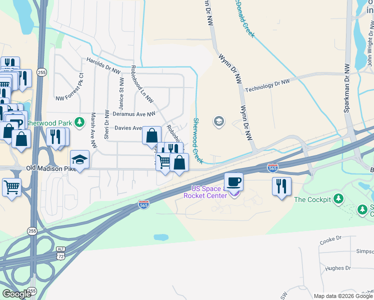 map of restaurants, bars, coffee shops, grocery stores, and more near 6222 Robinhood Lane Northwest in Huntsville