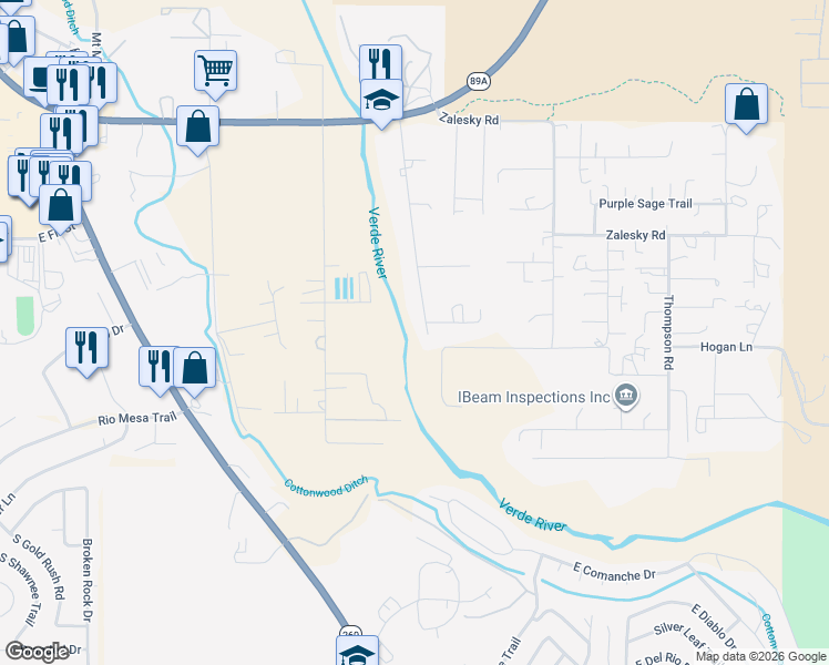 map of restaurants, bars, coffee shops, grocery stores, and more near 1370 Kelli Lane in Cottonwood