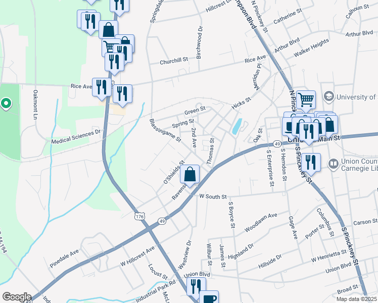 map of restaurants, bars, coffee shops, grocery stores, and more near 100 O'Shields Street in Union