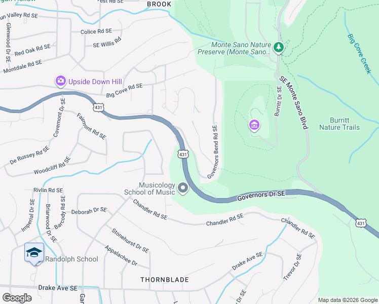 map of restaurants, bars, coffee shops, grocery stores, and more near 2210 Governors Bend Road Southeast in Huntsville