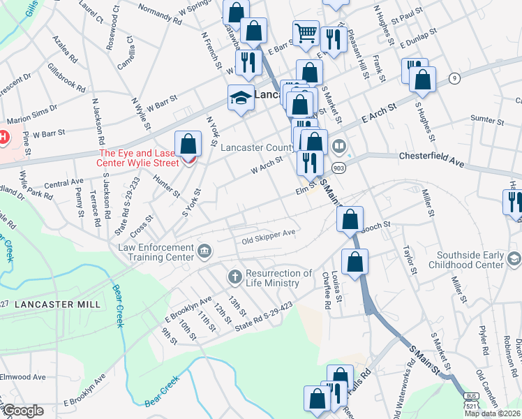 map of restaurants, bars, coffee shops, grocery stores, and more near 311 Elm Street in Lancaster