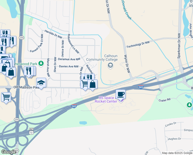 map of restaurants, bars, coffee shops, grocery stores, and more near 6222 Robinhood Lane Northwest in Huntsville