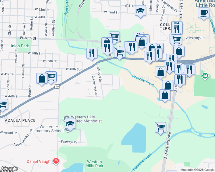 map of restaurants, bars, coffee shops, grocery stores, and more near 601 Oak Park Drive in Little Rock
