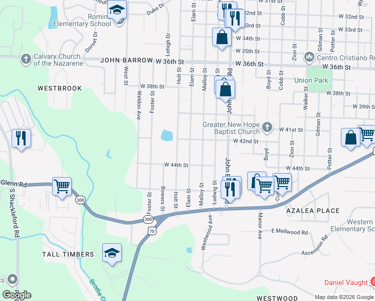 map of restaurants, bars, coffee shops, grocery stores, and more near 4301 Elam Street in Little Rock