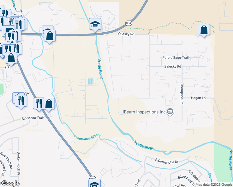 map of restaurants, bars, coffee shops, grocery stores, and more near 1370 Kelli Lane in Cottonwood