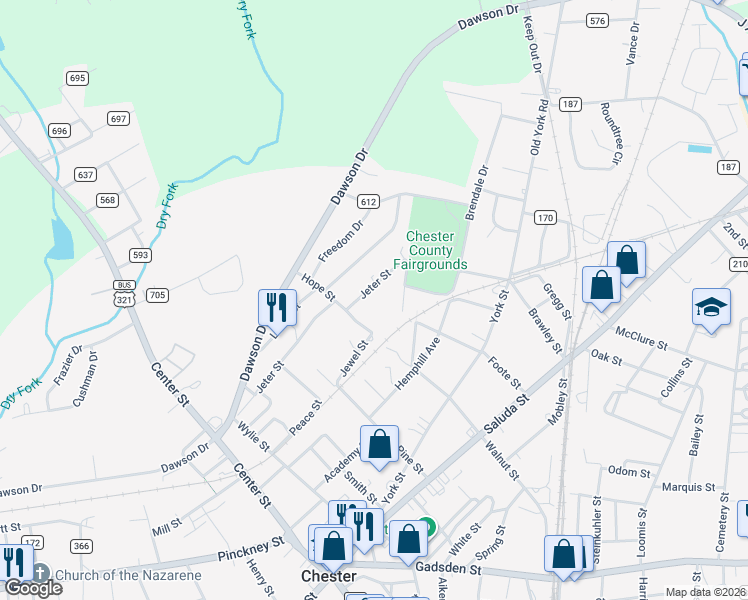 map of restaurants, bars, coffee shops, grocery stores, and more near 181 Jeter Street in Chester