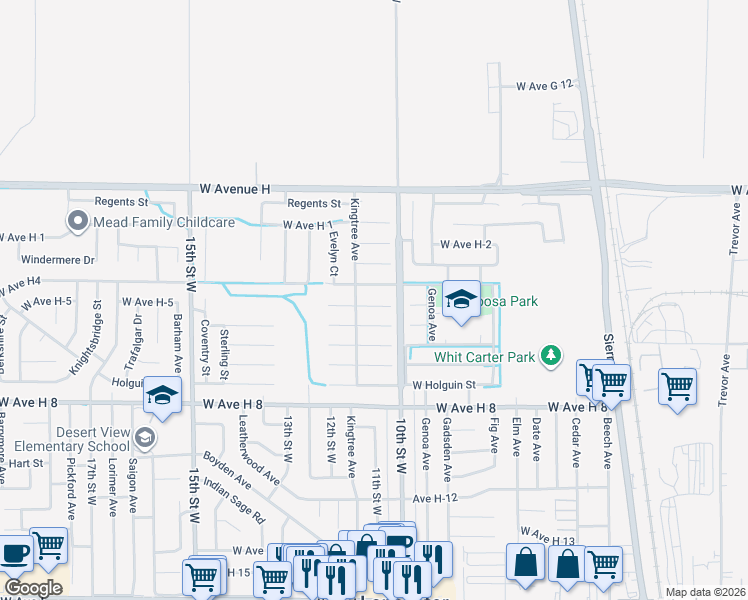 map of restaurants, bars, coffee shops, grocery stores, and more near 1029 Avenue H-5 in Lancaster
