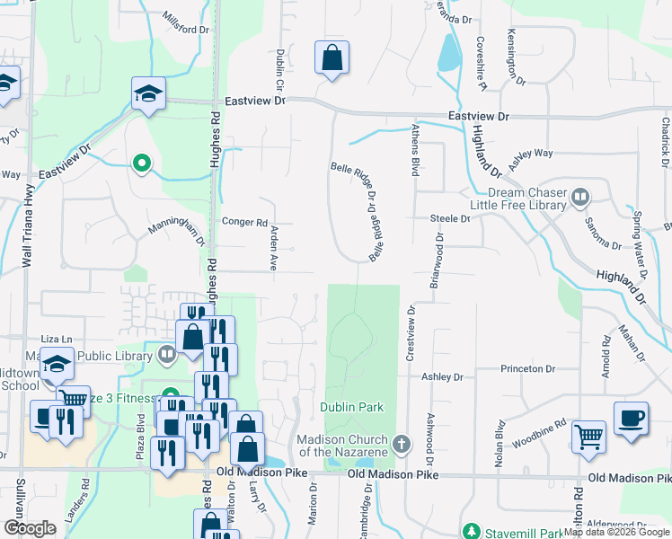 map of restaurants, bars, coffee shops, grocery stores, and more near 120 Belle Ridge Drive in Madison