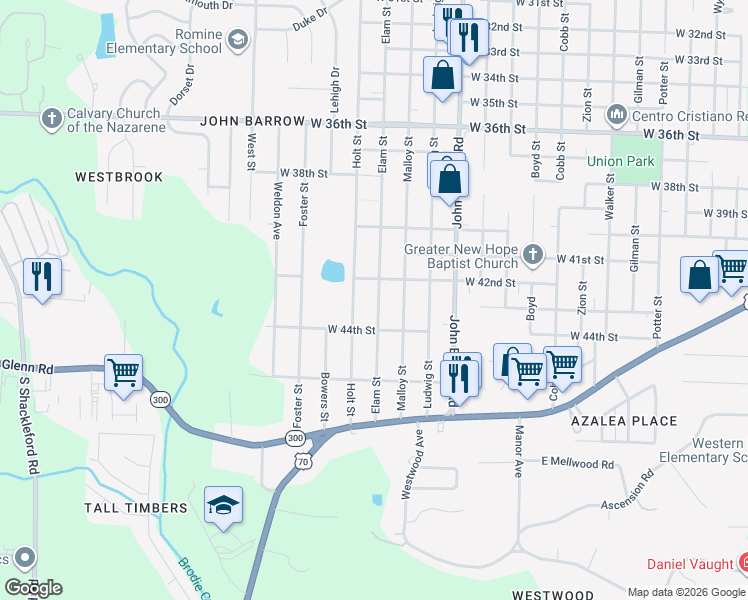 map of restaurants, bars, coffee shops, grocery stores, and more near 4301 Elam Street in Little Rock