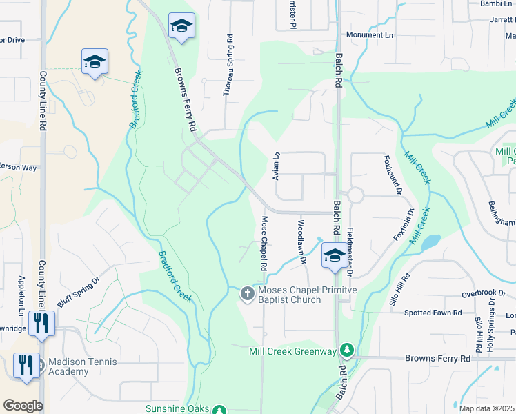 map of restaurants, bars, coffee shops, grocery stores, and more near 1052 Browns Ferry Road in Madison