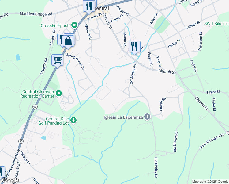 map of restaurants, bars, coffee shops, grocery stores, and more near 144 Cedar Creek Circle in Central