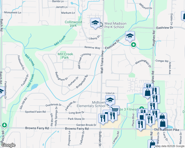 map of restaurants, bars, coffee shops, grocery stores, and more near 104 Bridgefield Road in Madison