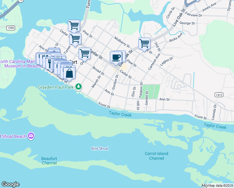map of restaurants, bars, coffee shops, grocery stores, and more near 1007 Ann St in Beaufort