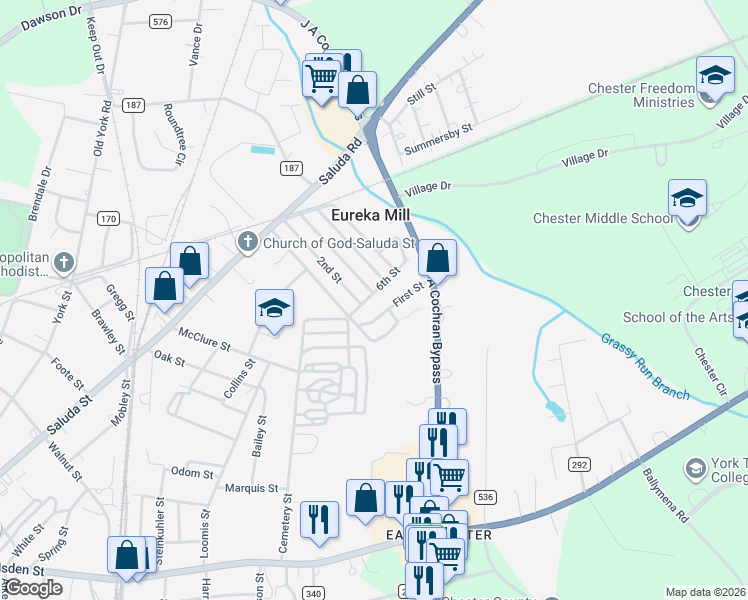 map of restaurants, bars, coffee shops, grocery stores, and more near 520 6th St in Chester