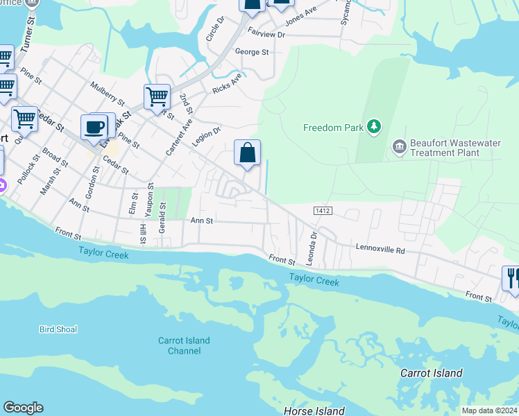 map of restaurants, bars, coffee shops, grocery stores, and more near 520 Avocet Drive in Beaufort