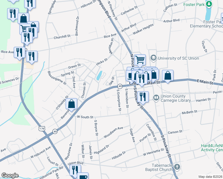map of restaurants, bars, coffee shops, grocery stores, and more near 311 West Main Street in Union