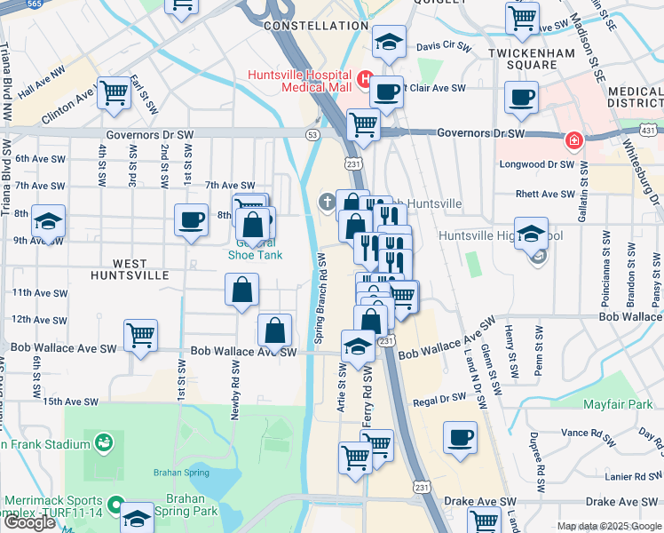 map of restaurants, bars, coffee shops, grocery stores, and more near 2309 Spring Branch Road Southwest in Huntsville