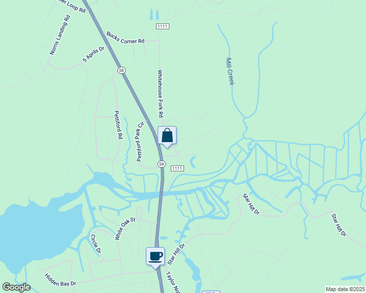 map of restaurants, bars, coffee shops, grocery stores, and more near 103 South Winds Court in Swansboro