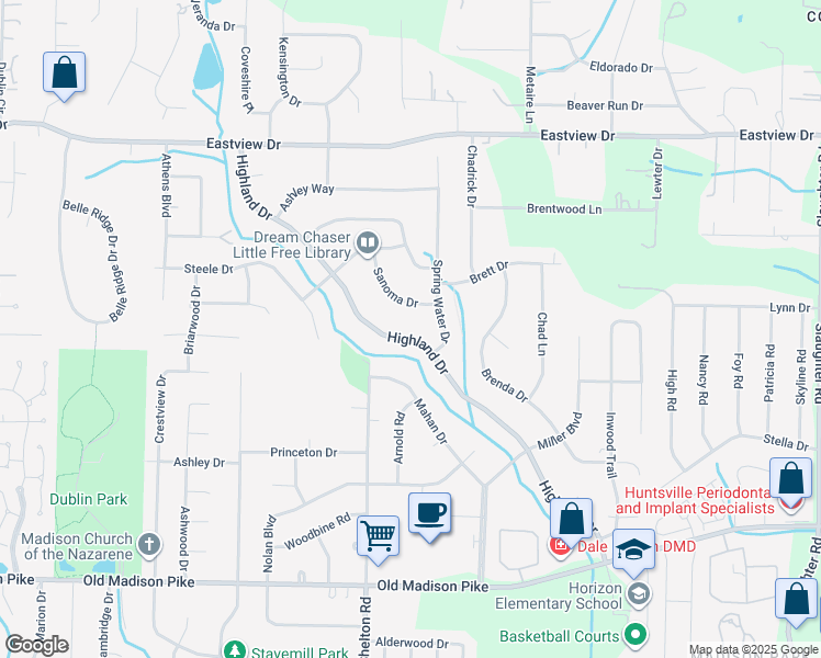 map of restaurants, bars, coffee shops, grocery stores, and more near 662 Highland Drive in Madison