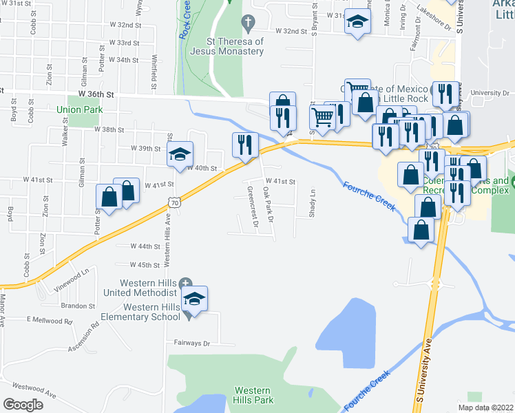 map of restaurants, bars, coffee shops, grocery stores, and more near 209 Greencrest Drive in Little Rock