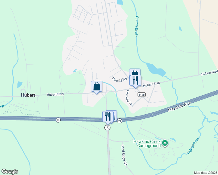 map of restaurants, bars, coffee shops, grocery stores, and more near 411 Hubert Boulevard in Hubert