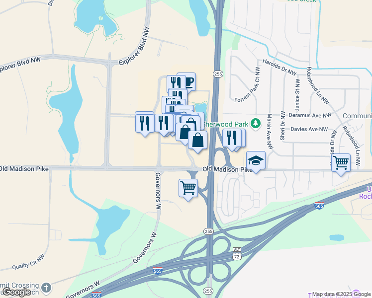 map of restaurants, bars, coffee shops, grocery stores, and more near 366 The Bridge Street in Huntsville