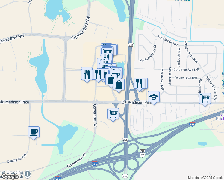 map of restaurants, bars, coffee shops, grocery stores, and more near 366 The Bridge Street in Huntsville