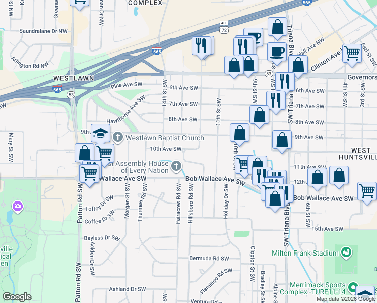 map of restaurants, bars, coffee shops, grocery stores, and more near 2501 12th Street Southwest in Huntsville
