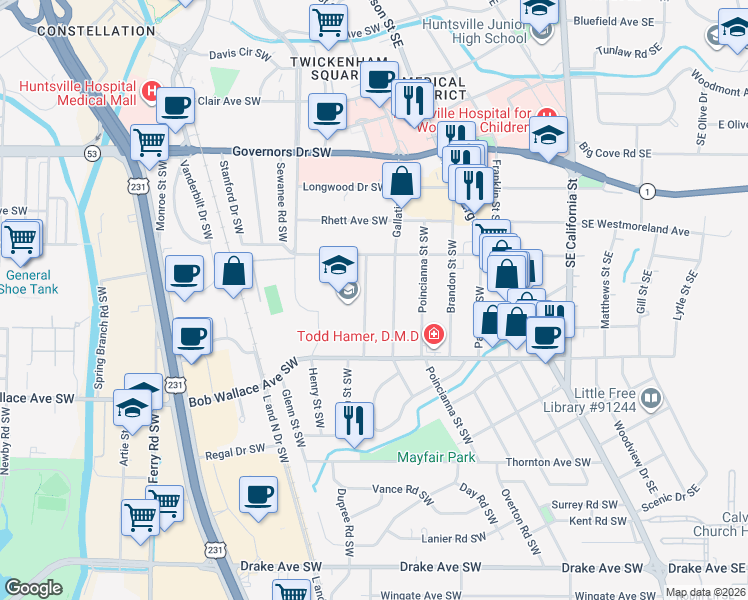 map of restaurants, bars, coffee shops, grocery stores, and more near 2316 Gallatin Street Southwest in Huntsville