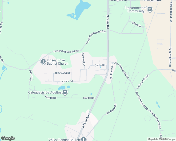 map of restaurants, bars, coffee shops, grocery stores, and more near 2807 Suncrest Drive in Dalton