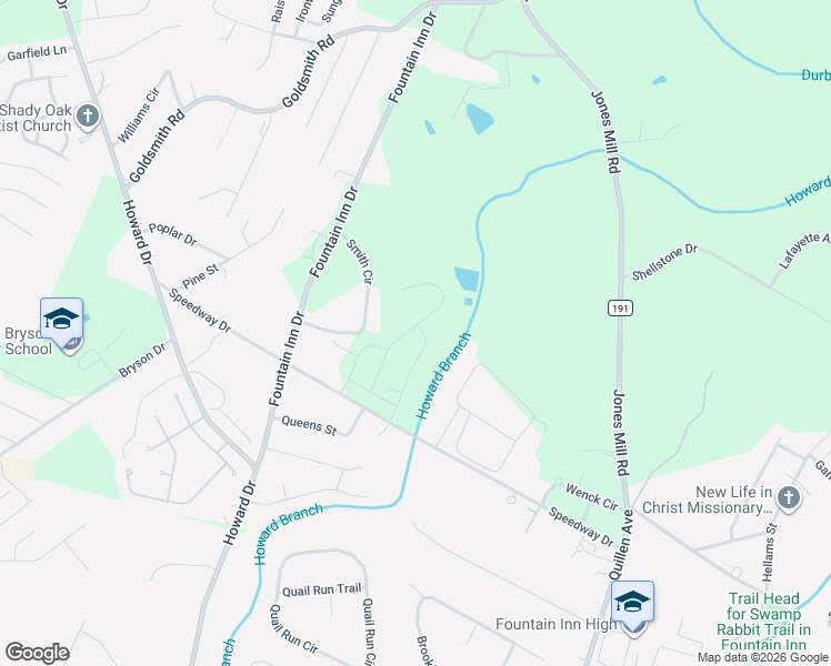 map of restaurants, bars, coffee shops, grocery stores, and more near 54 Smith Circle in Fountain Inn