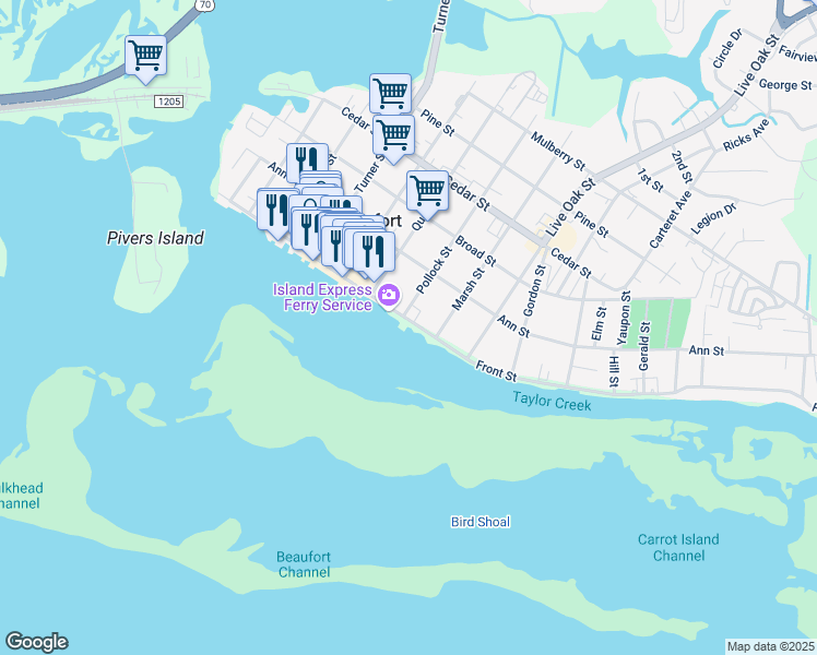 map of restaurants, bars, coffee shops, grocery stores, and more near 710 Front Street in Beaufort