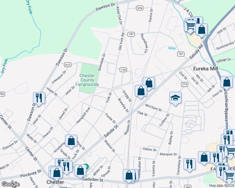 map of restaurants, bars, coffee shops, grocery stores, and more near 133 Brawley Street in Chester