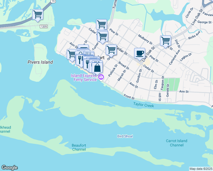 map of restaurants, bars, coffee shops, grocery stores, and more near 710 Front Street in Beaufort