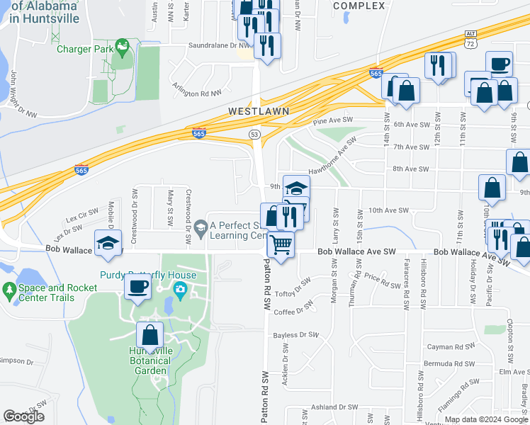 map of restaurants, bars, coffee shops, grocery stores, and more near 2213 Jordan Lane Southwest in Huntsville