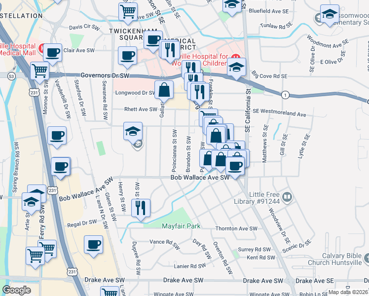 map of restaurants, bars, coffee shops, grocery stores, and more near 2325 Brandon Street Southwest in Huntsville