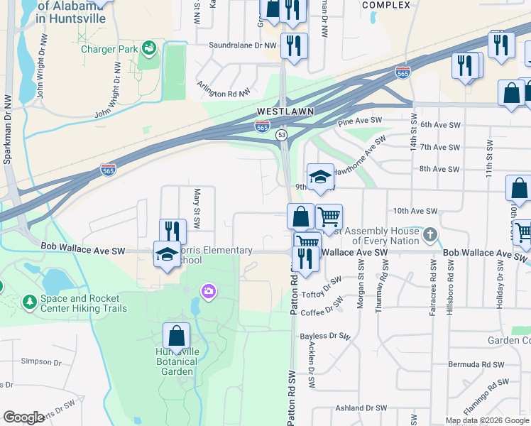 map of restaurants, bars, coffee shops, grocery stores, and more near 4583 Dyshel Drive Southwest in Huntsville