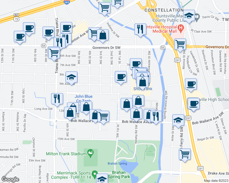 map of restaurants, bars, coffee shops, grocery stores, and more near 2615 10th Avenue Southwest in Huntsville