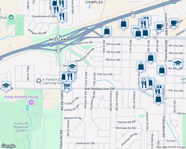 map of restaurants, bars, coffee shops, grocery stores, and more near 2420 15th Street Southwest in Huntsville