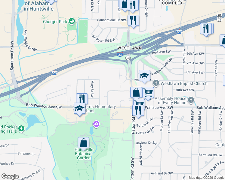 map of restaurants, bars, coffee shops, grocery stores, and more near 4405 Judith Lane in Huntsville