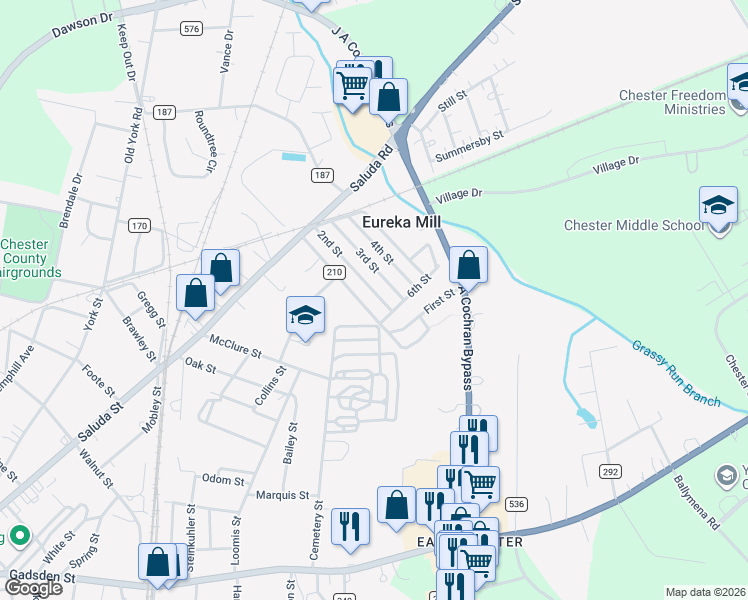 map of restaurants, bars, coffee shops, grocery stores, and more near 565 State Road 210 in Chester