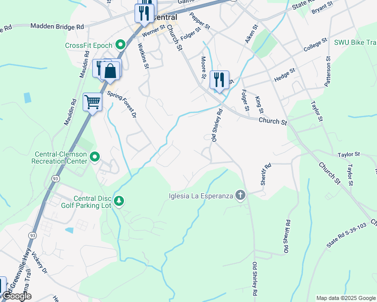 map of restaurants, bars, coffee shops, grocery stores, and more near 144 Cedar Creek Circle in Central